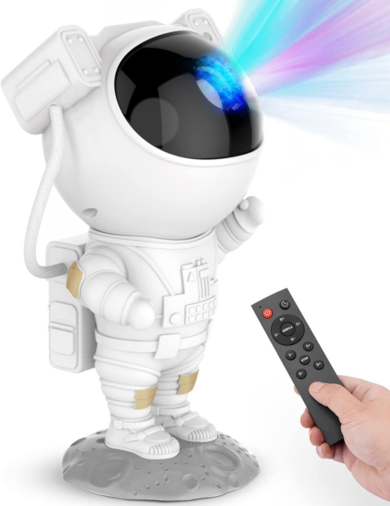 Star Projector Galaxy Night Light featuring an astronaut design and projecting starry nebula, perfect for kids’ rooms.